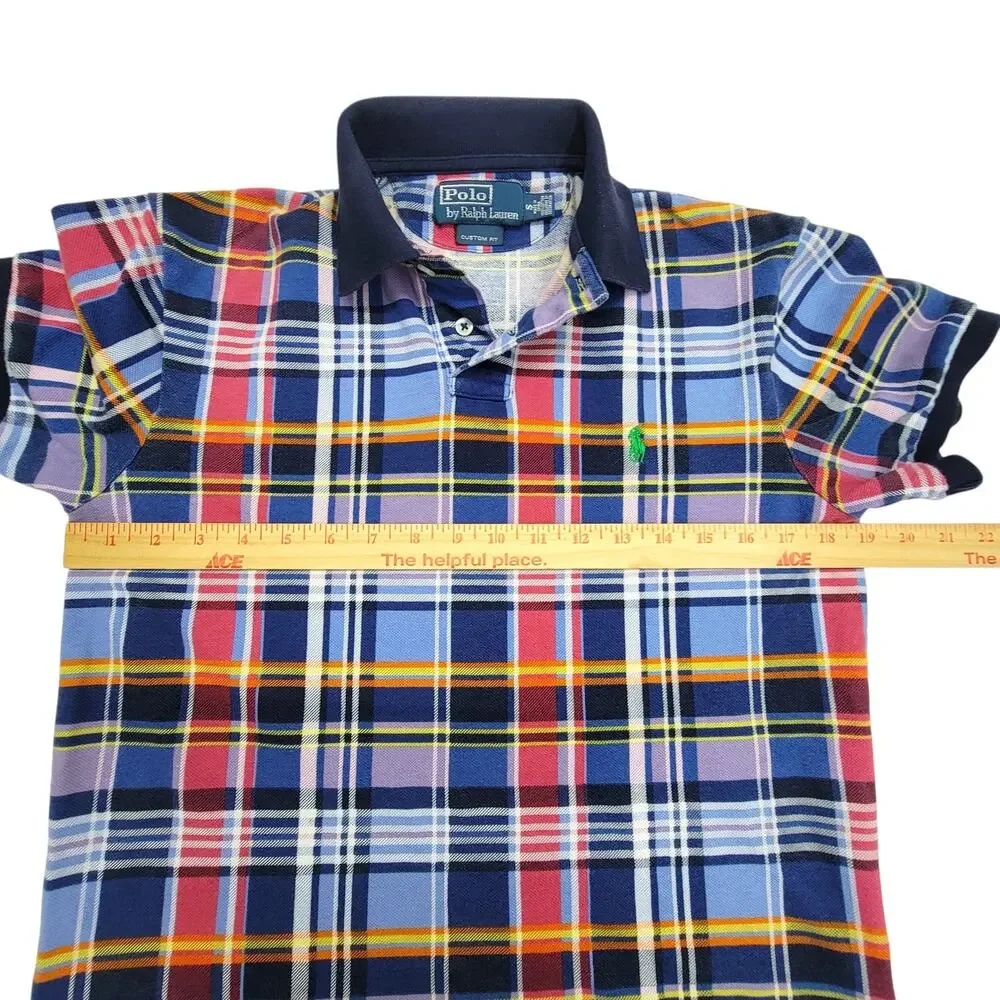 Polo Ralph Lauren Mens Small Blue Plaid Madras Custom Fit Pique Polo Shirt